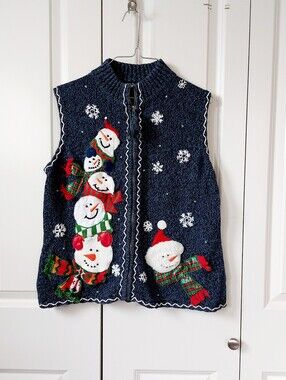 Snowman‎ Stack Christmas Sweater Vest Large Designer Original Cottagecore Granny